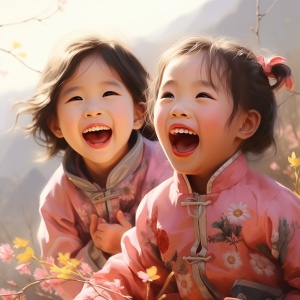 春节，两个穿唐装的小女孩，可爱，欢笑，高清