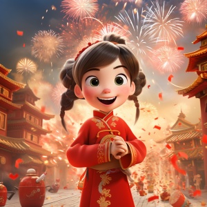 迪士尼风格的高清3D卡通，《中国春节》热闹红火