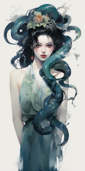 中国古风美女与大青蛇的写意画风