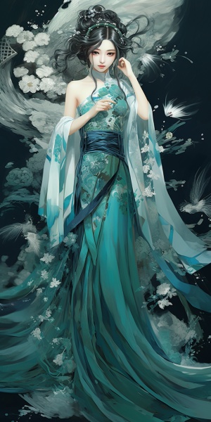 中国风，青色衣服，衣袂飘飘，中国古装美女，写意画风，全身像，一条大青蛇，有如美女幻化，色调统一，奇幻，