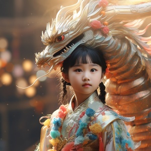 Rainbow Dragon and Cute Little Chinese Girl in Hanfu