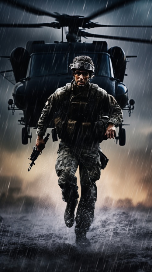cover shoot of American soldier running in the rain during a thunderstorm towards a helicopter that is going to pickup the soldier, soldier not holding anything in his hands, high quality