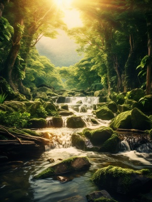 大片森林，绿地，阳光，瀑布，原始与超现实的8K图像