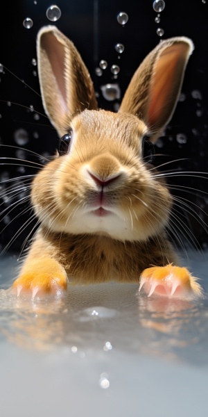 一只可爱的小兔子正坐在一个充满泡泡的浴缸里，两只长长的耳朵从水面上露出来，看起来非常俏皮可爱。它的眼睛闭着，享受着温暖的水流冲刷着它柔软的毛发，小鼻子微微翕动，似乎在感受着香气。小兔子的两只小爪子在水中轻轻划动，似乎在和水做游戏。水面上漂浮着一些彩色的小玩具，如小鸭子、小船等，为整个画面增添了一份童趣和欢乐。整个场景充满了温馨和欢乐，让人忍不住想要去抱抱这只可爱的小兔子。
