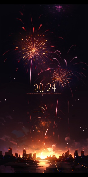2024 in gold shines with fireworks in the night sky