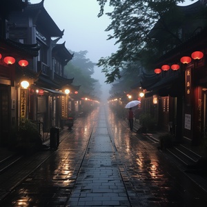 江南小镇雨中雾中行人