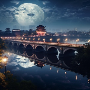 一轮明明的月亮照在天安门金水桥上