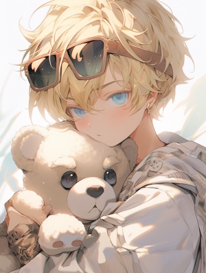 金发男孩，淡青色的眼睛，带着墨镜，有线耳机，可爱，抱着一只小熊娃娃，熊耳朵，白色衬衣，可爱的男孩，发量惊人，头发蓬松，可爱动漫，精致，