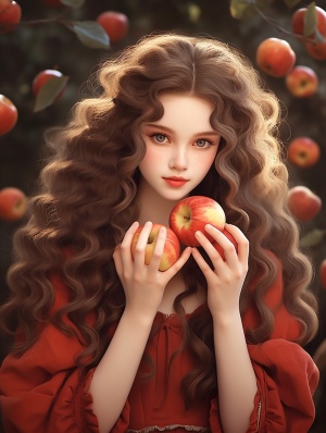 女孩拥抱丰收：唯美浪漫的苹果园