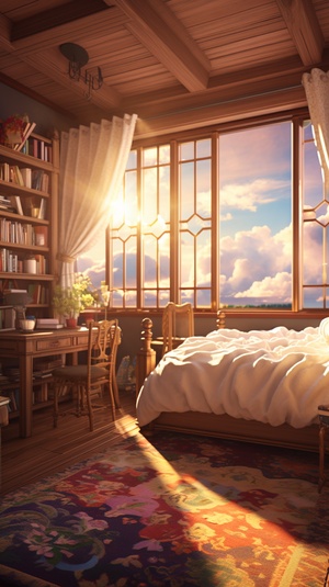 bedroom,background, no humans, scenery, sunlight, sky, cloud, indoors, window, curtains,carpet,wooden floor, ceiling light,pillow,bed, chair, book,bookshelf, desk, cup,bottle, table, lamp,