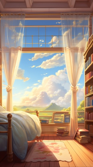 bedroom,background, no humans, scenery, sunlight, sky, cloud, indoors, window, curtains,carpet,wooden floor, ceiling light,pillow,bed, chair, book,bookshelf, desk, cup,bottle, table, lamp,