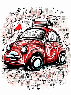 Cute Cartoon Car Surrounded by Musical Notes