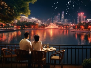一对中国情侣的日常生活，在聚会，在逛街，在河边，在商场，在小桥上看风景，在喝咖啡，在海边，美丽的街道，明亮的灯光，超高清画质，超清写真风格，超高清壁纸