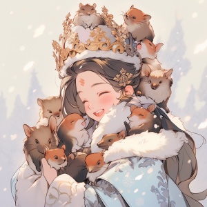 戴着皇冠代表冬天的公主，周围围着小动物