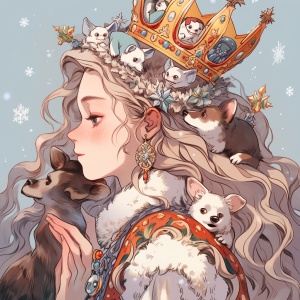 戴着皇冠代表冬天的公主，周围围着小动物