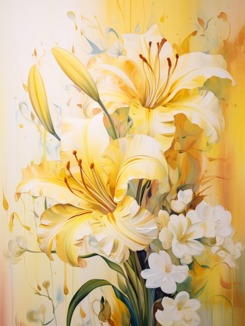 黄色和白色的黄色背景上的两幅大画，以自然的欢乐庆祝风格，花朋克，油画风格的画布