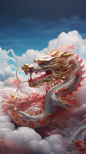 Chinese dragon sleeping on clouds, translucent glass, with pearlescent scales with subtle elements of fantasy and magical realism, zbrush, loong, ruby and gold style, anime aesthetics, furry art, red and white, elaborate, c4d rendering, super high detail, 3d, ultra fine detail, photo realistic chaos 20 ar 16:9 style raw stylize 1000