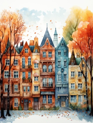 watercolor illustration,town illustration by Julia Tochilina