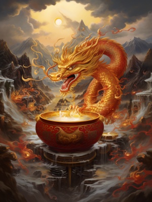 中国龙抱着八宝粥，红金色系，喜庆，烟雾缭绕，山谷大海做背景