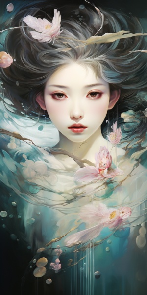 中国水彩画，女孩在水中，一个大眼睛的女孩手里拿着花。白羽鹤与两条鱼在她的头上，发光粉红色和金线紫色发光牡丹花，在美穗平野的风格，深绿松石和淡金色，超现实的肖像，32k uhd，波光粼粼的水反射，表现力的人物设计