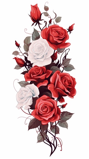 手绘红白叶状欧式玫瑰花含苞待放