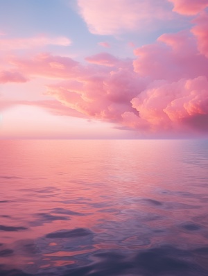 渐变的粉色天空，与海面连为一体，以模糊，梦幻般的氛围