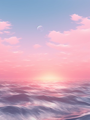 渐变的粉色天空，与海面连为一体，以模糊，梦幻般的氛围
