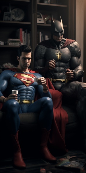 超人和蝙蝠侠在客厅沙发上打PS5游戏