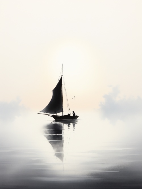 平静的海面，孤独的小船，迷蒙，意境美，水墨，高清，8k