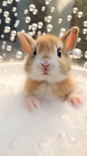 可爱小兔子在泡泡浴缸中享受欢乐