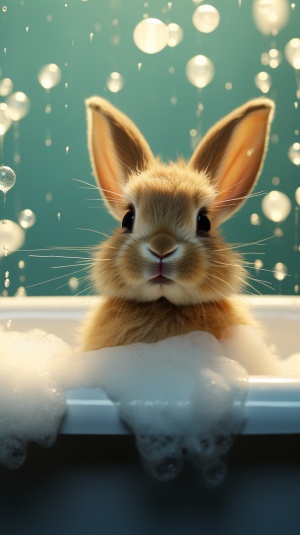 可爱小兔子在泡泡浴缸中享受欢乐
