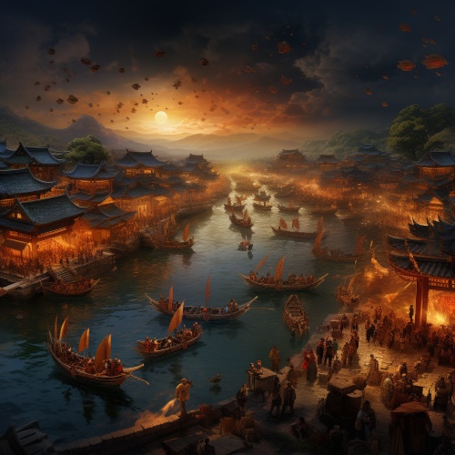 masterpiece,bestquality,han dynasty, Small boats moored on the river during a rainstorm, people gathered tightly on the boats, crowds of people crowded along the riverbanks, eagerly awaiting the chance to cross the river, the rain curtain shows the magnificence and tension of the ferrying scene, amazing fantasy immortal scenes, 8k,extremely delicate and beautiful,highresolution,ray tracing,(realistic, photorealistic:1.37),professional lighting,photon mapping,radiosity,physically-based rendering,