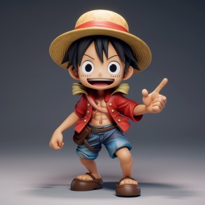 :Monkey D. Luffy figure is displayed on a gray background, in the style of playful expressions, precise detailing, volumetric lighting, cartoonish innocence ar 9:16 v 6