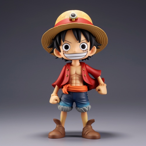 :Monkey D. Luffy figure is displayed on a gray background, in the style of playful expressions, precise detailing, volumetric lighting, cartoonish innocence ar 9:16 v 6