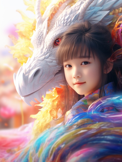 close up,Rainbow dragon surrounded by a cute little Chinese girl,10 years old,wearing gorgeous Hanfu, Rainbow dragon,grand scene, minimalism, Chinese dragon, C4D rendering, Surrealism, master works, movie lighting, Ultra HD, fine detail, color rating, 32K HD ar 3:4 v 6.0