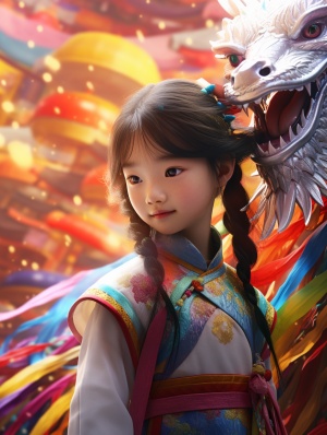 close up,Rainbow dragon surrounded by a cute little Chinese girl,5 years old,wearing gorgeous Hanfu, Rainbow dragon,grand scene, minimalism, Chinese dragon, C4D rendering, Surrealism, master works, movie lighting, Ultra HD, fine detail, color rating, 32K HD ar 3:4 v 6.0