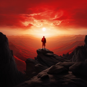 穿红色冲锋衣的男人，站在山顶上，迎着朝阳，拍照