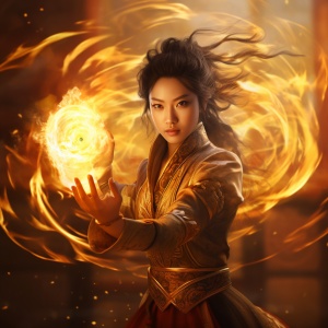 中国女法师手持火焰，燃烧金色背景