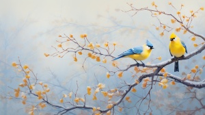Yellow Wintersweet Tree with Two Little Blue Birds