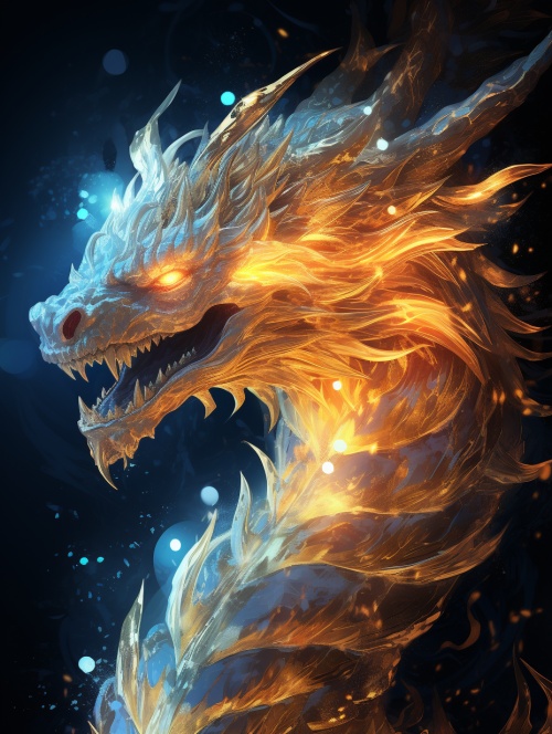 A Golden Dragon，dissolving and disappearing into particles，translucent fluorescent，a starry magic is being used on graphics，Glow particle,Optical Flares，close up ar 3:4 v 6