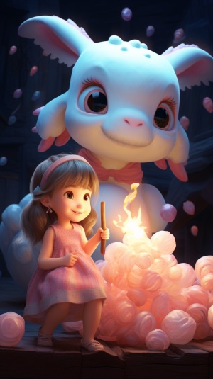 可爱小女孩与萌萌龙一起玩棉花糖：治愈节日，皮克斯动画风格，高清光感