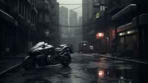 暗黑科幻城市街道中的赛博朋克摩托车