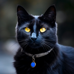 一只黑猫的照片，左眼黄色，右眼蓝色，戴银色项圈。