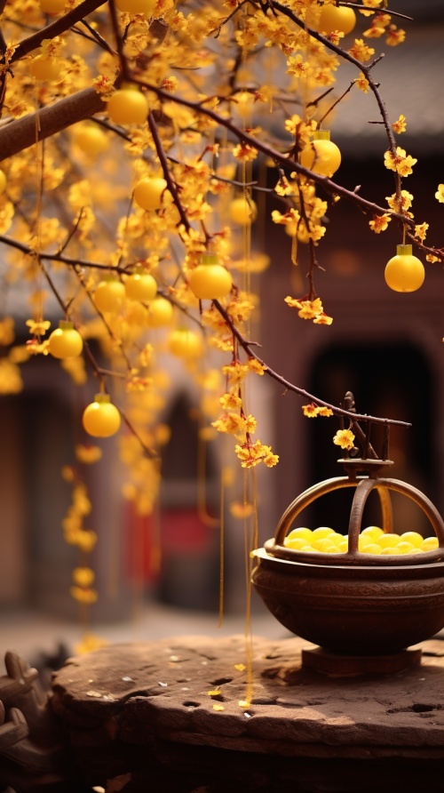 中国古代庭院中的黄色梅花树，树枝上挂着铜钱，江南水乡，红色背景，摄影风格，彼得布鲁姆，优美的平衡，花与自然的图案，扭曲的树枝，高清，真实拍摄