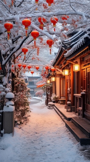 冬日白雪覆山村，红果冰花橙灯舞