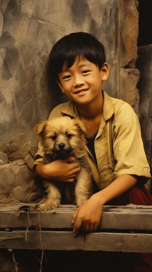 70年代的中国小男孩打陀螺，一条小黄狗在旁边，高清写真8K海报