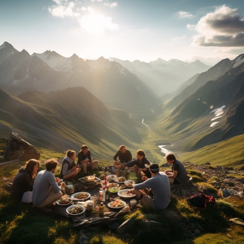 一群人坐在山青水秀的山那里，吃饭