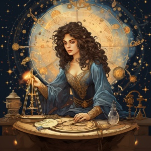 神秘女塔罗占卜师的星盘图