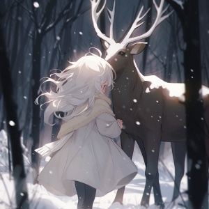 白色狼与流泪的小女孩在大雪森林