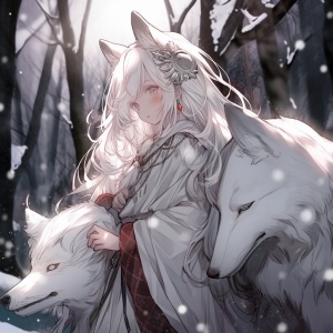 白色狼与流泪的小女孩在大雪森林